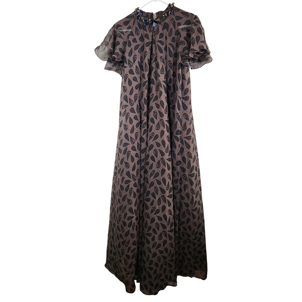 Jean Muir London Vintage 100% Silk Brown Leaf Print Beaded Maxi Dress Size 8 USA